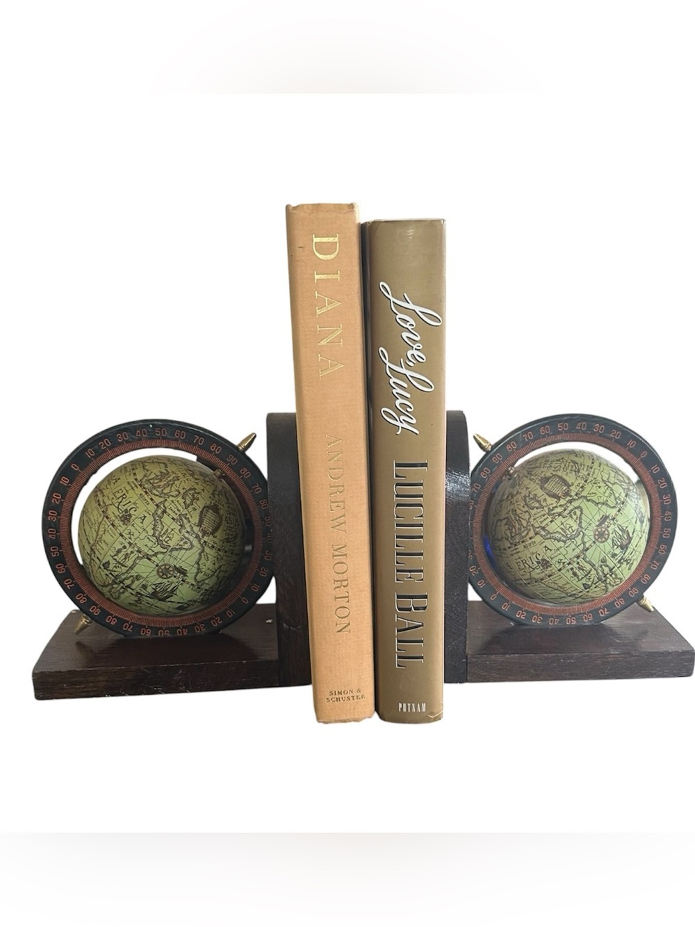 Vintage World Globe Bookends Wood Brass Old World Map Library Office Decor